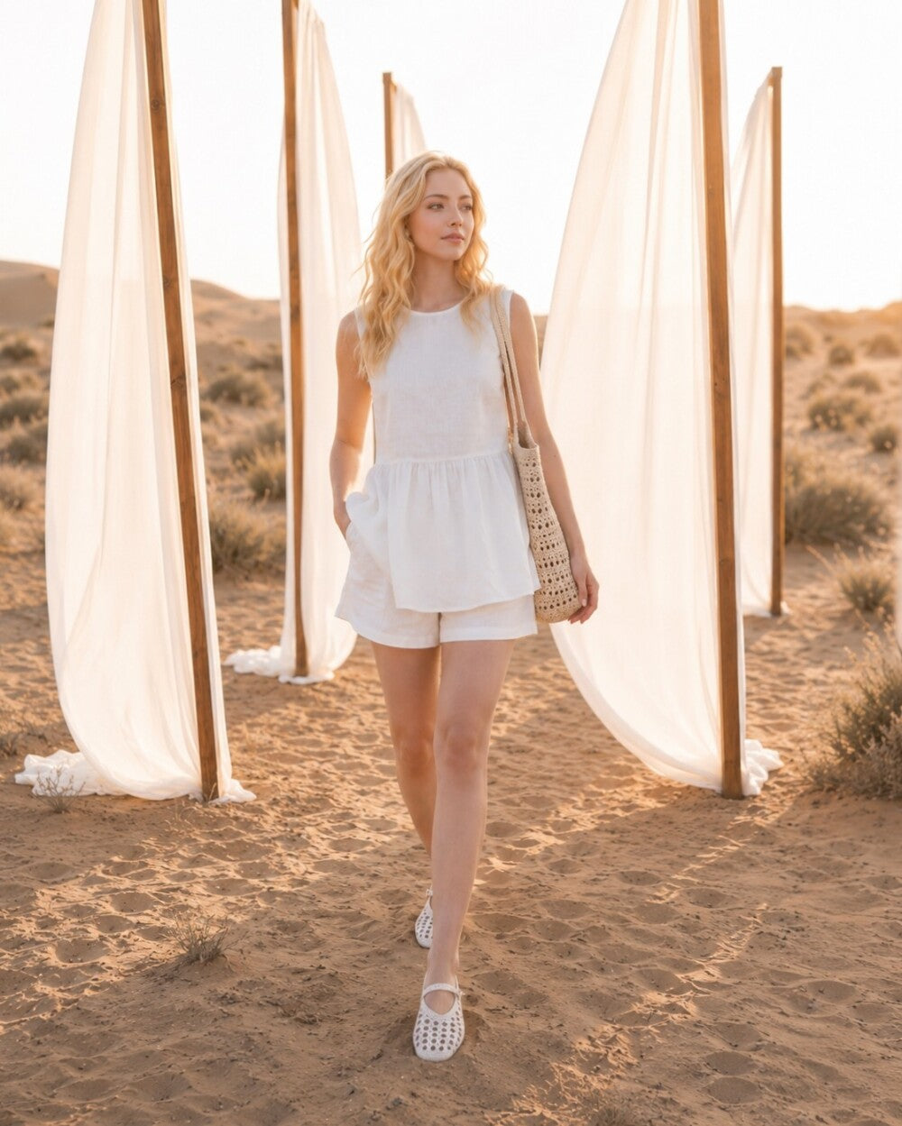 White Linen Peplum Top, Open Back Sleeveless Blouse, Minimalist Summer Tank, Loose Fit Babydoll Top