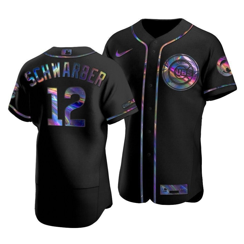 Men'S Chicago Cubs Kyle Schwarber #12 Iridescent Logo Holographic Limited  Jersey Black