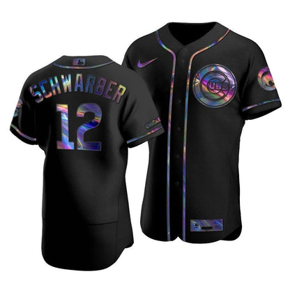 Men'S Chicago Cubs Kyle Schwarber #12 Iridescent Logo Holographic Limited  Jersey Black