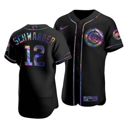 Men'S Chicago Cubs Kyle Schwarber #12 Iridescent Logo Holographic Limited  Jersey Black