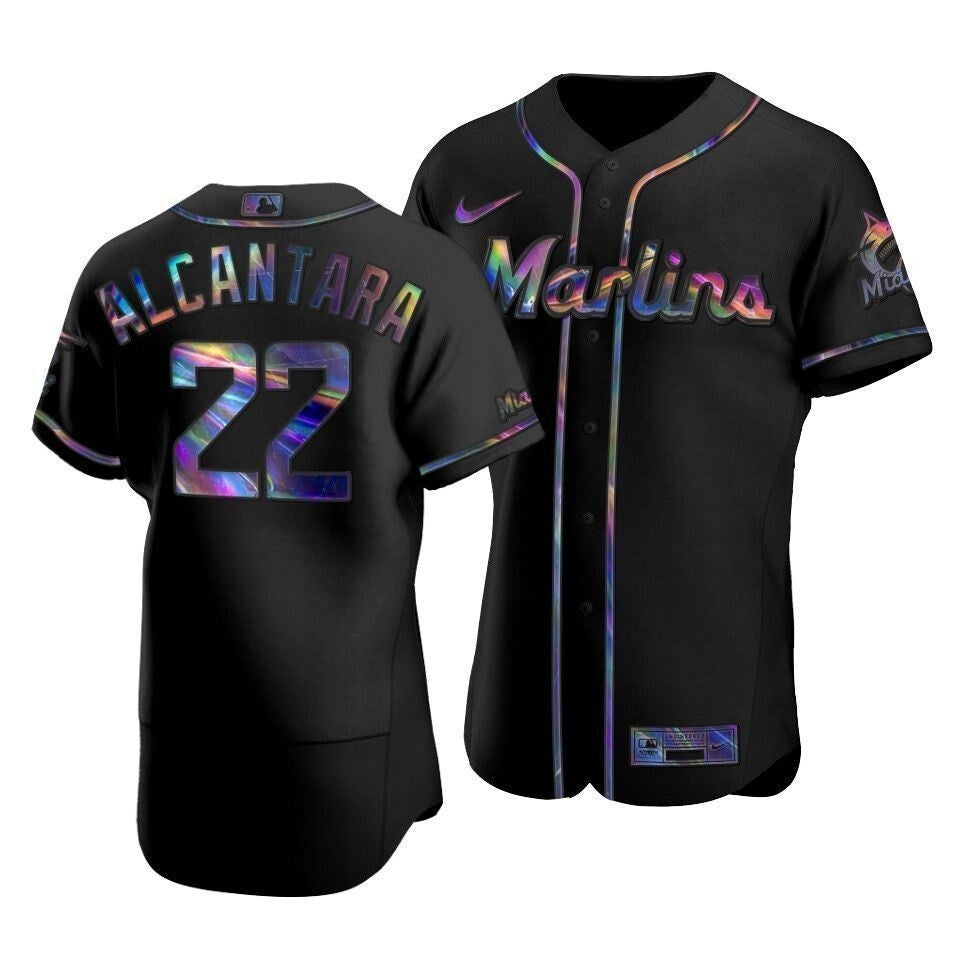 Men'S Miami Marlins Sandy Alcantara #22 Iridescent Logo Holographic Limited Jersey Black