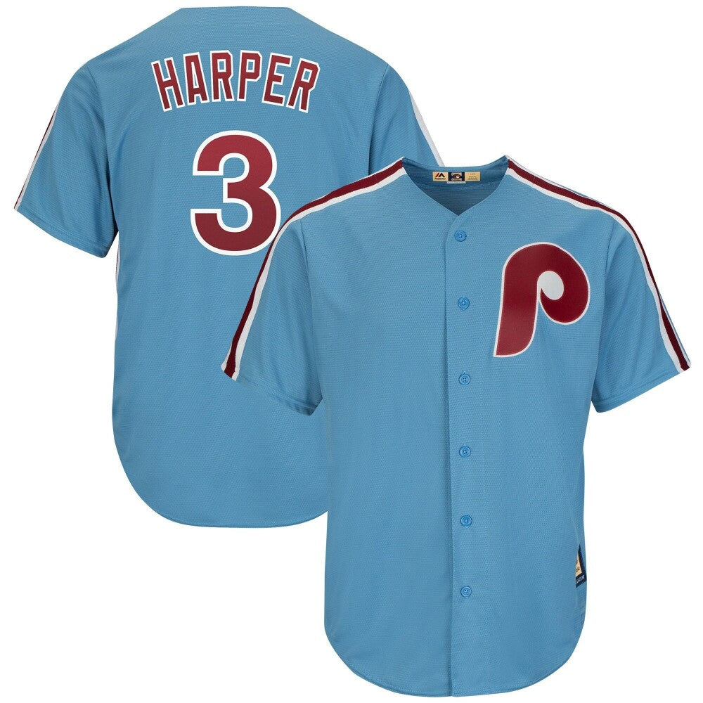 MenS Majestic Bryce Harper Light Blue Philadelphia Phillies Cool Base Cooperstown Player Jersey