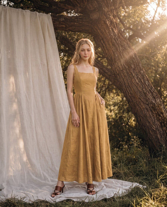 Linen Maxi Dress, Square Neck Summer Dress, Sleeveless Linen Dress, Cottagecore Midi Dress