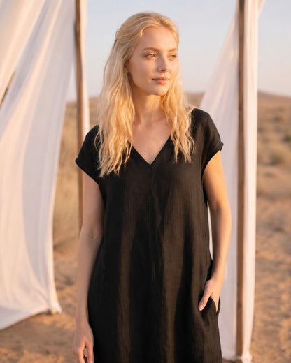 Sleeveless Kimono Style Linen Dress, Loose Fit Boho Midi Outfit for Women, Soft Minimalist Summer Wear, Linen Wrap Dress