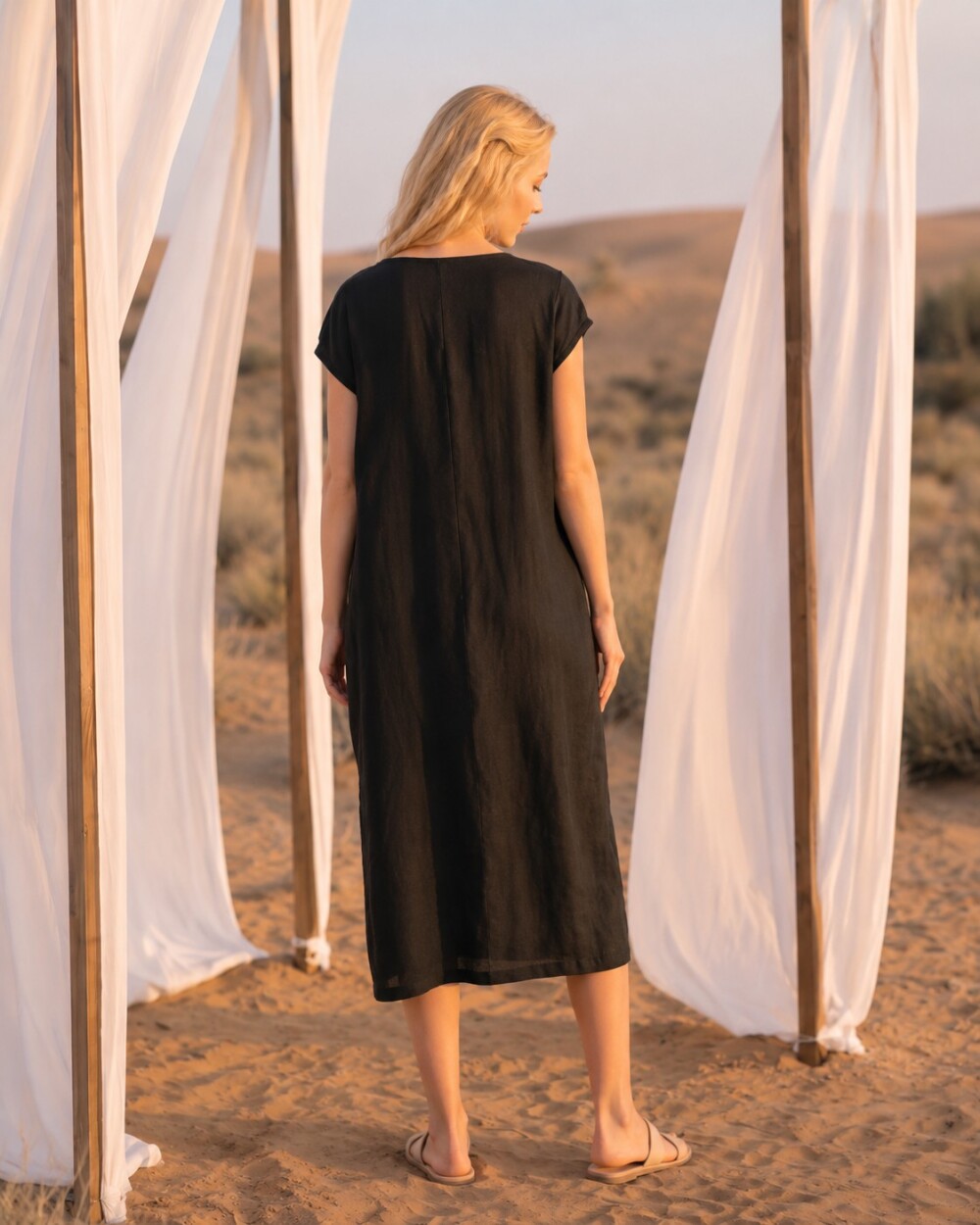 Sleeveless Kimono Style Linen Dress, Loose Fit Boho Midi Outfit for Women, Soft Minimalist Summer Wear, Linen Wrap Dress