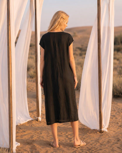 Sleeveless Kimono Style Linen Dress, Loose Fit Boho Midi Outfit for Women, Soft Minimalist Summer Wear, Linen Wrap Dress
