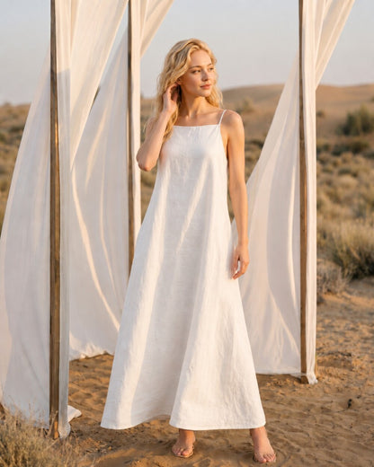 White Linen Dress for Women, Minimalist Linen Maxi Dress, Simple Linen Dress, Linen Spaghetti Strap Dress, Open Back Dress, Linen Clothing