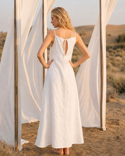 White Linen Dress for Women, Minimalist Linen Maxi Dress, Simple Linen Dress, Linen Spaghetti Strap Dress, Open Back Dress, Linen Clothing