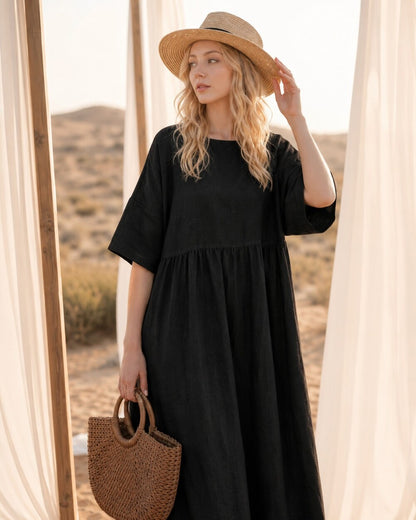 Cotton Linen Dresses, Loose Oversized Half Sleeves Linen Dress, Plus Size Dress, Summer Tunic Robes Black Dress, Minimalist Dress