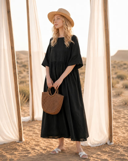 Cotton Linen Dresses, Loose Oversized Half Sleeves Linen Dress, Plus Size Dress, Summer Tunic Robes Black Dress, Minimalist Dress