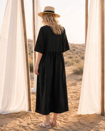 Cotton Linen Dresses, Loose Oversized Half Sleeves Linen Dress, Plus Size Dress, Summer Tunic Robes Black Dress, Minimalist Dress