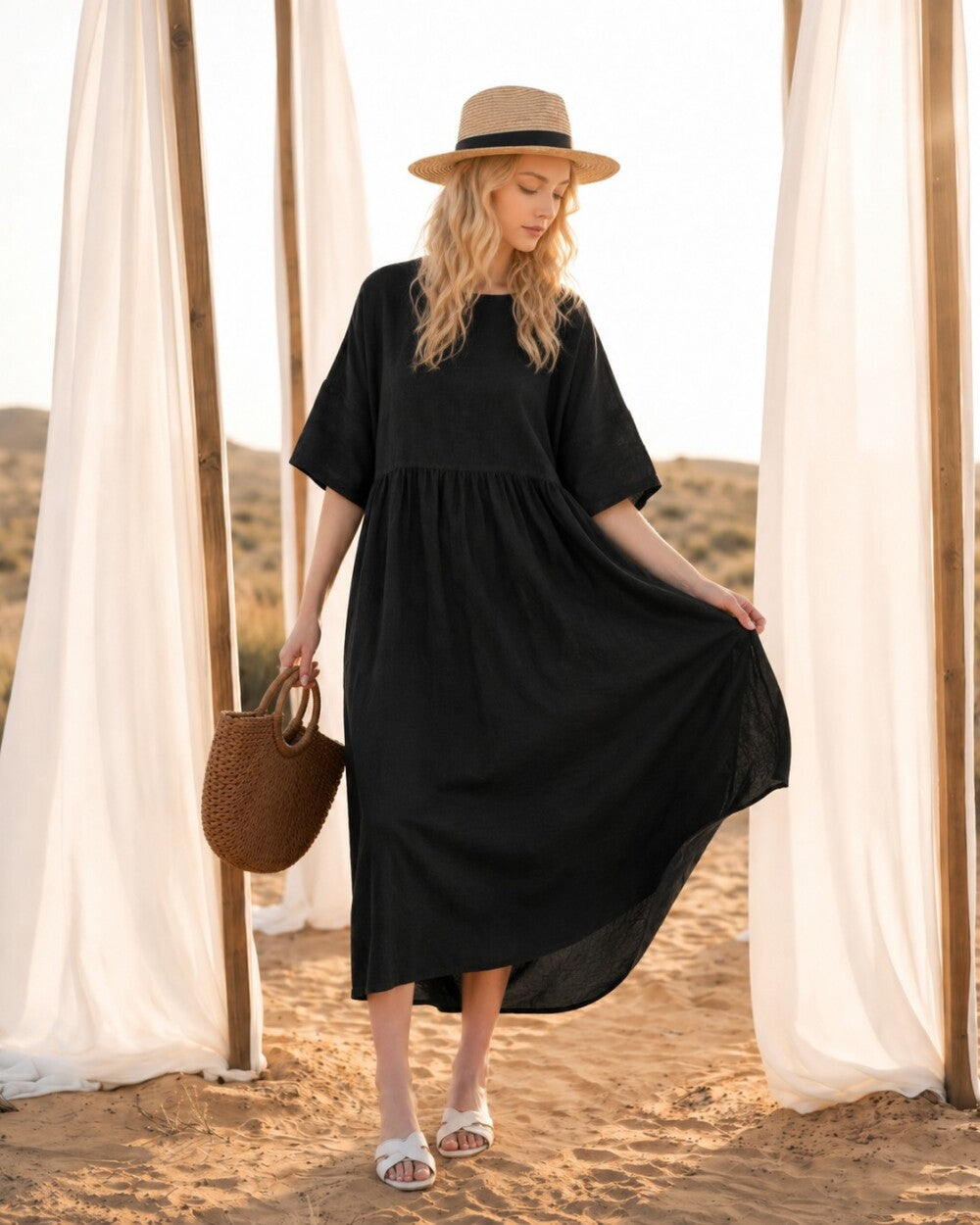 Cotton Linen Dresses, Loose Oversized Half Sleeves Linen Dress, Plus Size Dress, Summer Tunic Robes Black Dress, Minimalist Dress
