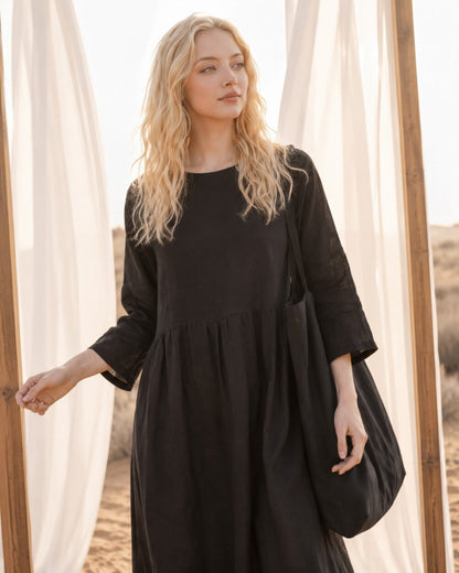 Oversized Linen Midi Dress, Custom Cotton Robe Style Dress, Loose Fit Plus Size Summer Clothing, Linen Cotton Dress