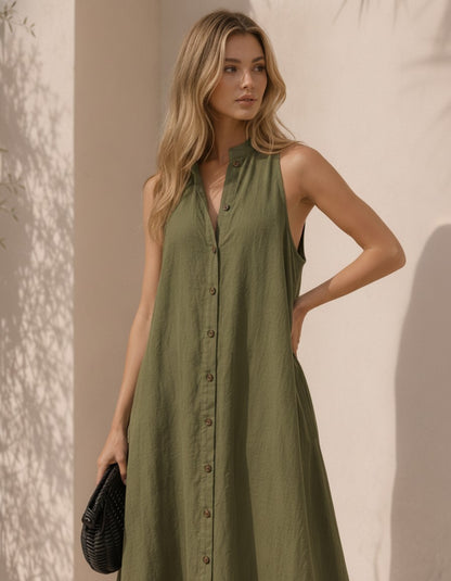 Loose Linen Maxi Dress, Moss Green Sleeveless A-Line Button Front Dress with Pockets
