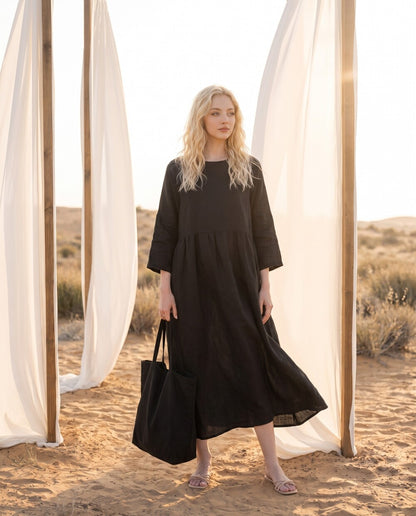 Oversized Linen Midi Dress, Custom Cotton Robe Style Dress, Loose Fit Plus Size Summer Clothing, Linen Cotton Dress