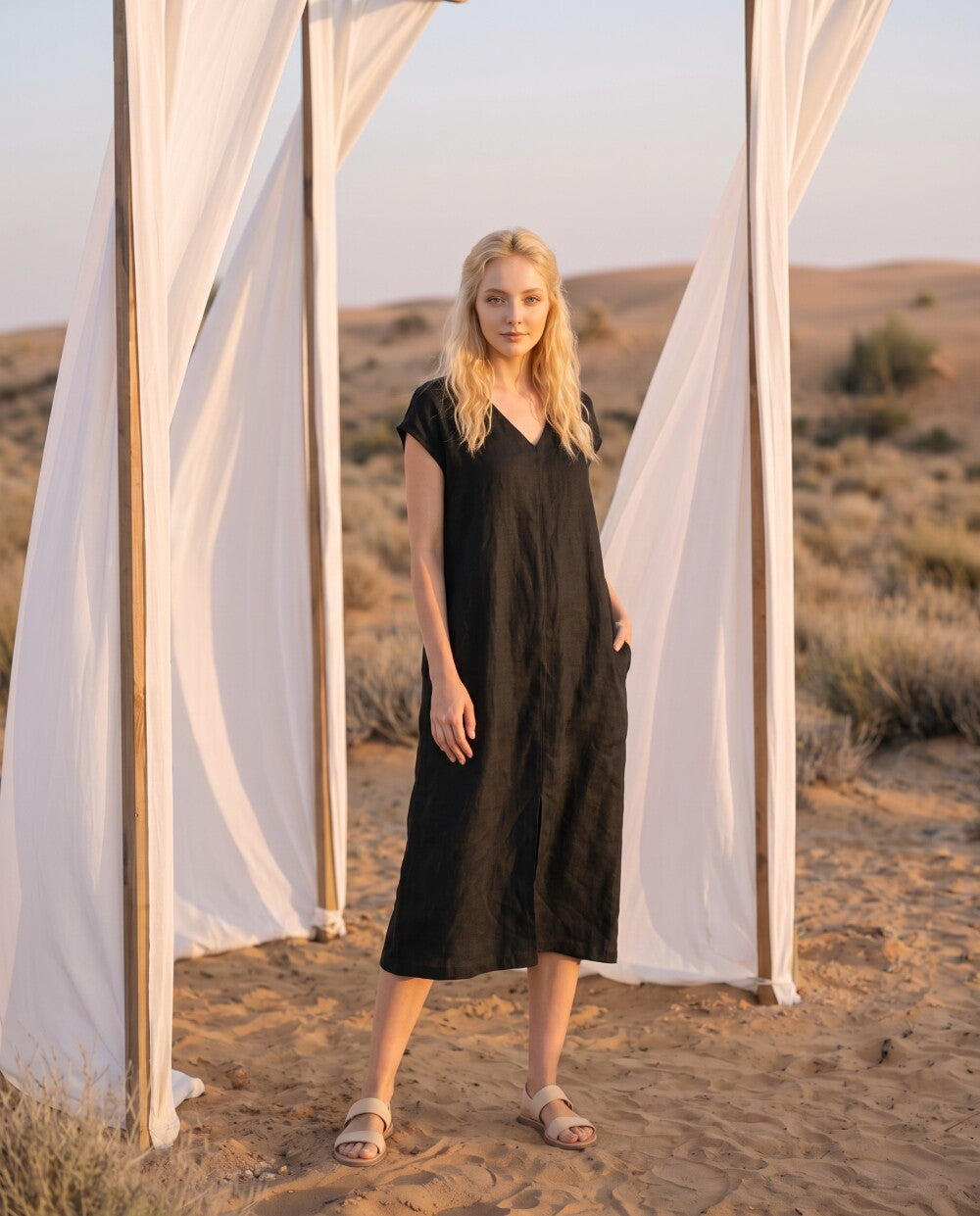 Sleeveless Kimono Style Linen Dress, Loose Fit Boho Midi Outfit for Women, Soft Minimalist Summer Wear, Linen Wrap Dress