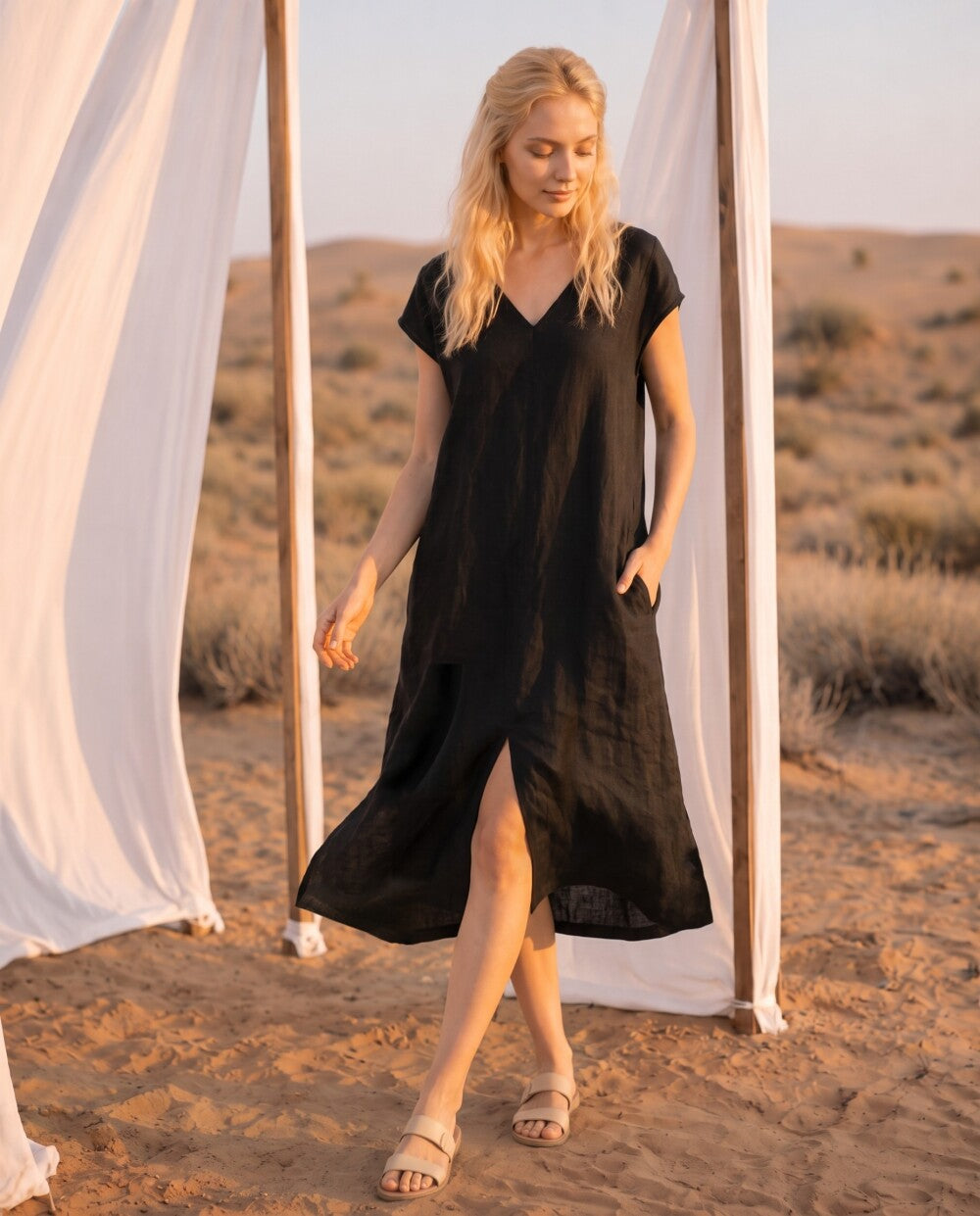 Sleeveless Kimono Style Linen Dress, Loose Fit Boho Midi Outfit for Women, Soft Minimalist Summer Wear, Linen Wrap Dress