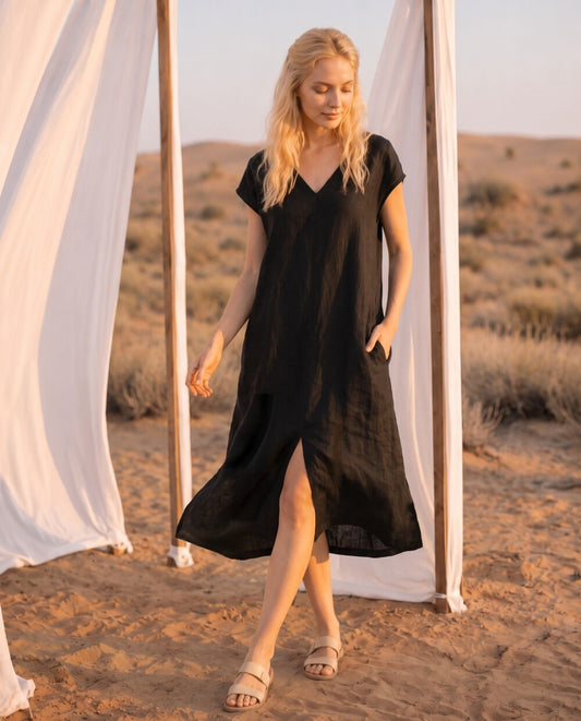 Sleeveless Kimono Style Linen Dress, Loose Fit Boho Midi Outfit for Women, Soft Minimalist Summer Wear, Linen Wrap Dress