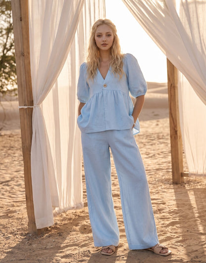 Linen Matching Set, V Neck Peplum Blouse and Wide Leg Trousers, Soft Linen Co Ord Set, Resort Outfit, Feminine Summer Wear